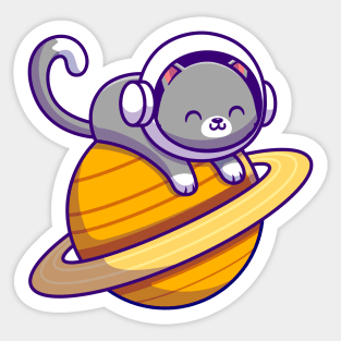 Cute Astronaut Cat Lying On Planet Sticker